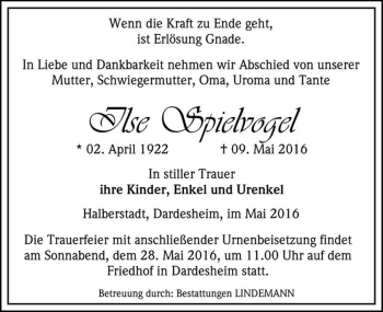 Traueranzeige von Ilse Spielvogel  von Magdeburger Volksstimme