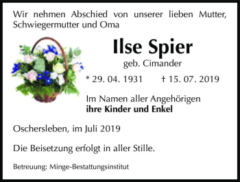 Traueranzeige von Ilse Spier (geb. Cimander)  von Magdeburger Volksstimme