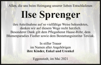 Traueranzeige von Ilse Sprenger  von Magdeburger Volksstimme