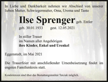 Traueranzeige von Ilse Sprenger (geb. Entler)  von Magdeburger Volksstimme