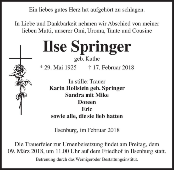 Traueranzeige von Ilse Springer (geb. Kuthe)  von Magdeburger Volksstimme