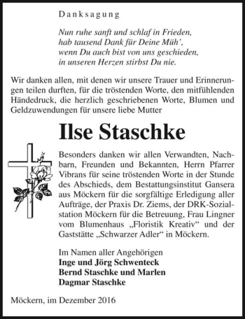 Traueranzeige von Ilse Staschke  von Magdeburger Volksstimme