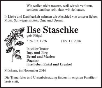 Traueranzeige von Ilse Staschke (geb. Flügel)  von Magdeburger Volksstimme