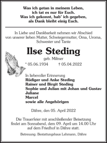 Traueranzeige von Ilse Steding (geb. Miltner)  von Magdeburger Volksstimme