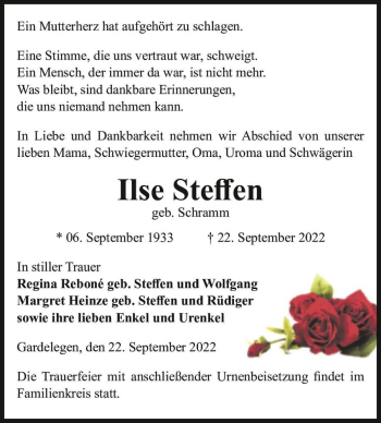 Traueranzeige von Ilse Steffen (geb. Schramm)  von Magdeburger Volksstimme