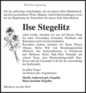 Traueranzeige von Ilse Stegelitz  von Magdeburger Volksstimme