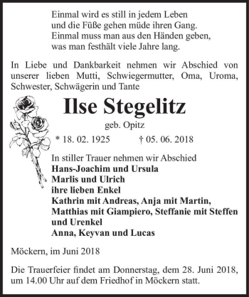 Traueranzeige von Ilse Stegelitz (geb. Opitz)  von Magdeburger Volksstimme