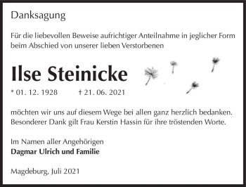 Traueranzeige von Ilse Steinicke  von Magdeburger Volksstimme