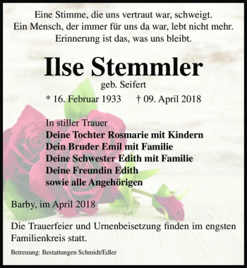 Traueranzeige von Ilse Stemmler (geb. Seifert)  von Magdeburger Volksstimme