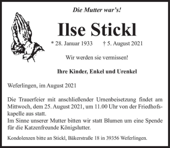 Traueranzeige von Ilse Stickl  von Magdeburger Volksstimme