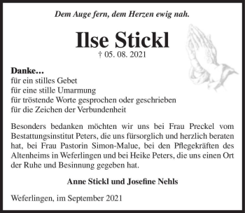 Traueranzeige von Ilse Stickl  von Magdeburger Volksstimme