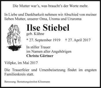 Traueranzeige von Ilse Stiebel (geb. Kühne)  von Magdeburger Volksstimme