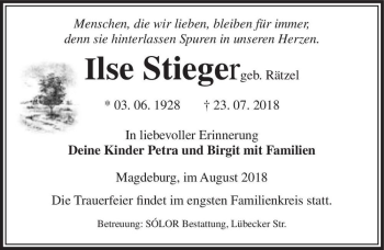 Traueranzeige von Ilse Stieger (geb. Rätzel)  von Magdeburger Volksstimme