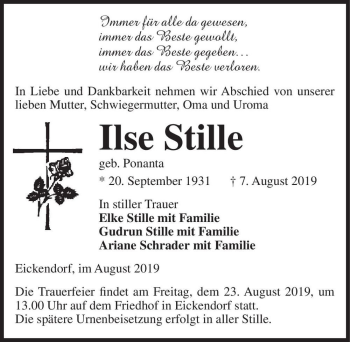 Traueranzeige von Ilse Stille (geb. Ponanta)  von Magdeburger Volksstimme