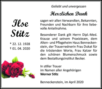 Traueranzeige von Ilse Stitz  von Magdeburger Volksstimme