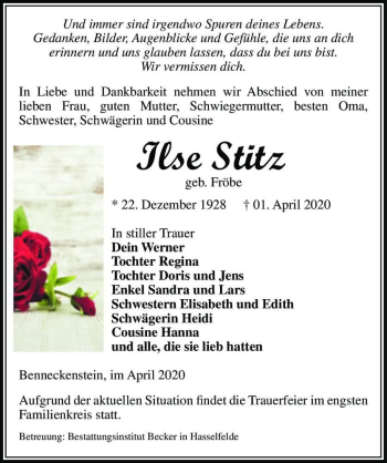 Traueranzeige von Ilse Stitz (geb. Fröbe)  von Magdeburger Volksstimme