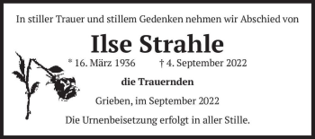 Traueranzeige von Ilse Strahle  von Magdeburger Volksstimme