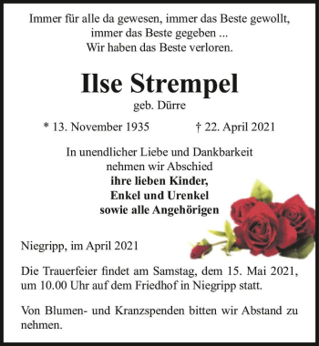 Traueranzeige von Ilse Strempel (geb. Dürre)  von Magdeburger Volksstimme