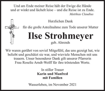 Traueranzeige von Ilse Strohmeyer (geb. Ahrends)  von Magdeburger Volksstimme