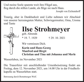 Traueranzeige von Ilse Strohmeyer (geb. Ahrends)  von Magdeburger Volksstimme