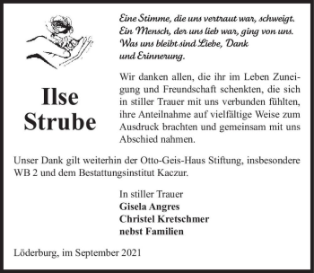 Traueranzeige von Ilse Strube  von Magdeburger Volksstimme