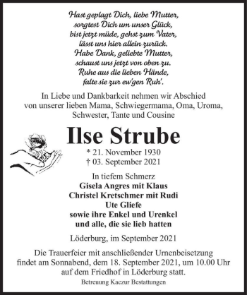Traueranzeige von Ilse Strube  von Magdeburger Volksstimme