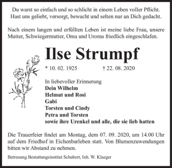Traueranzeige von Ilse Strumpf  von Magdeburger Volksstimme