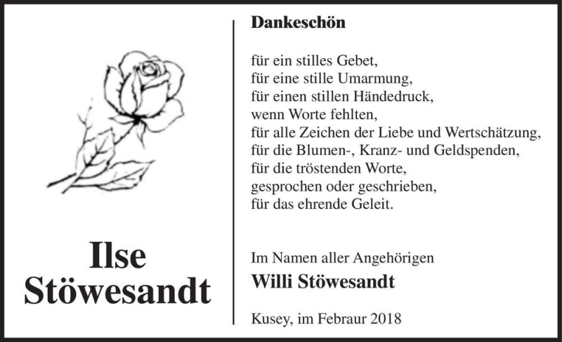  Traueranzeige für Ilse Stöwesandt  vom 02.03.2018 aus Magdeburger Volksstimme