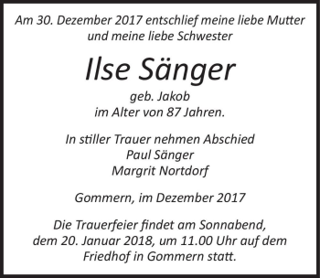Traueranzeige von Ilse Sänger (geb. Jakob)  von Magdeburger Volksstimme