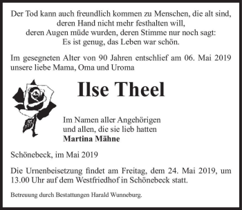 Traueranzeige von Ilse Theel  von Magdeburger Volksstimme