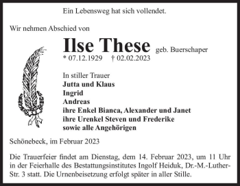 Traueranzeige von Ilse These (geb. Buerschaper)  von Magdeburger Volksstimme