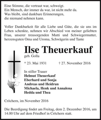Traueranzeige von Ilse Theuerkauf (geb. Golla)  von Magdeburger Volksstimme