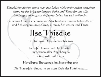 Traueranzeige von Ilse Thiedke (geb. Roy)  von Magdeburger Volksstimme