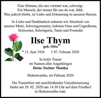 Traueranzeige von Ilse Thym (geb. Otto)  von Magdeburger Volksstimme
