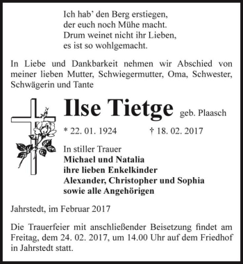 Traueranzeige von Ilse Tietge (geb. Plaasch)  von Magdeburger Volksstimme