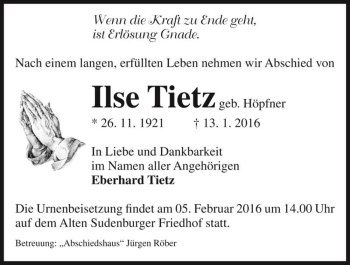 Traueranzeige von Ilse Tietz (geb. Höpfner)  von Magdeburger Volksstimme