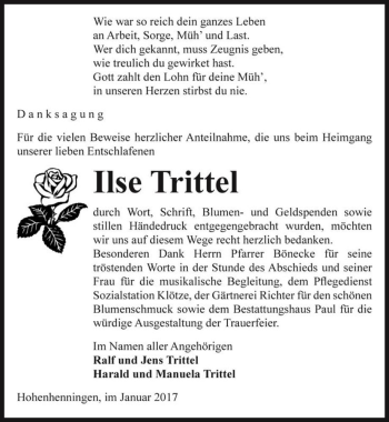 Traueranzeige von Ilse Trittel  von Magdeburger Volksstimme