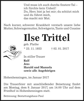 Traueranzeige von Ilse Trittel (geb. Plathe)  von Magdeburger Volksstimme