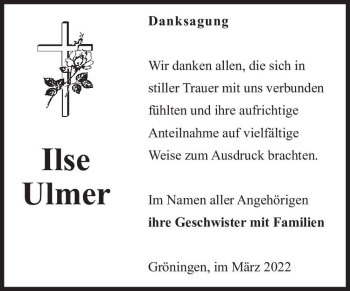 Traueranzeige von Ilse Ulmer  von Magdeburger Volksstimme