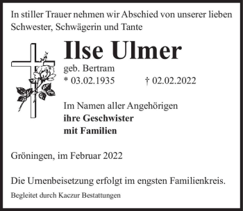 Traueranzeige von Ilse Ulmer (geb. Bertram)  von Magdeburger Volksstimme