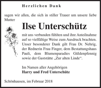 Traueranzeige von Ilse Unterschütz  von Magdeburger Volksstimme