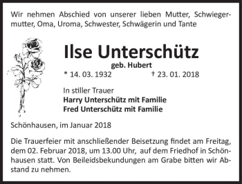 Traueranzeige von Ilse Unterschütz (geb. Hubert)  von Magdeburger Volksstimme