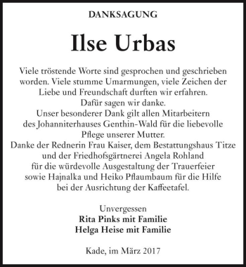 Traueranzeige von Ilse Urbas  von Magdeburger Volksstimme