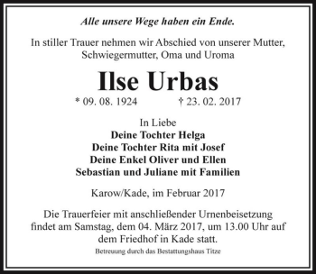 Traueranzeige von Ilse Urbas  von Magdeburger Volksstimme