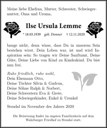 Traueranzeige von Ilse Ursula Lemme (geb. Donner)  von Magdeburger Volksstimme
