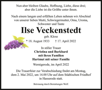 Traueranzeige von Ilse Veckenstedt (geb. Klose)  von Magdeburger Volksstimme