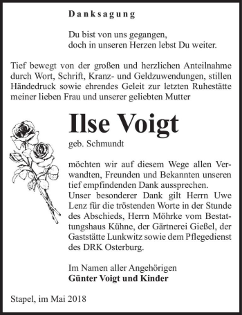 Traueranzeige von Ilse Voigt (geb. Schmundt)  von Magdeburger Volksstimme