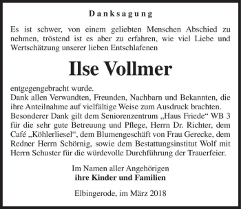 Traueranzeige von Ilse Vollmer  von Magdeburger Volksstimme