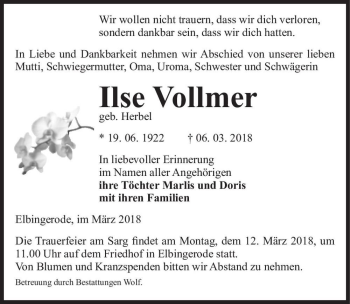 Traueranzeige von Ilse Vollmer (geb. Herbel)  von Magdeburger Volksstimme