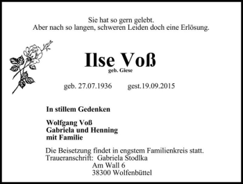 Traueranzeige von Ilse Voß (geb. Giese)  von Magdeburger Volksstimme